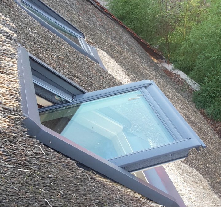 Une fenêtre de toit sur une toiture en chaume